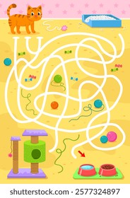 Help the cat get to the food bowls. Labyrinth. Maze game for children. Vector illustration.