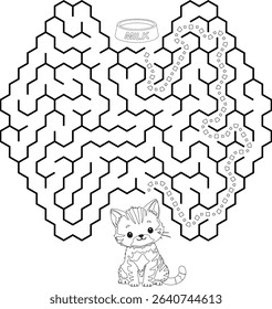 Help cat pass through maze to find a bowl with milk. Feed the hungry kitten labyrinth. Not hard logic game for kids and parents with solution isolated on white background.