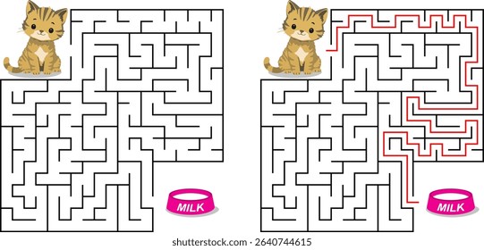 Help cat pass through maze to find a bowl with milk. Feed the hungry kitten labyrinth. Not hard logic game for kids and parents with solution isolated on white background.