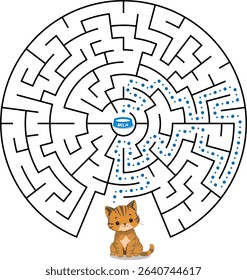 Help cat pass through maze to find a bowl with milk. Feed the hungry kitten labyrinth. Not hard logic game for kids and parents with solution isolated on white background.