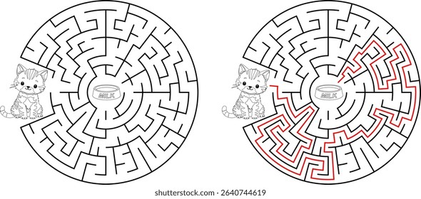 Help cat pass through maze to find a bowl with milk. Feed the hungry kitten labyrinth. Not hard logic game for kids and parents with solution isolated on white background.