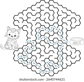 Help cat pass through maze to find a bowl with milk. Feed the hungry kitten labyrinth. Not hard logic game for kids and parents with solution isolated on white background.