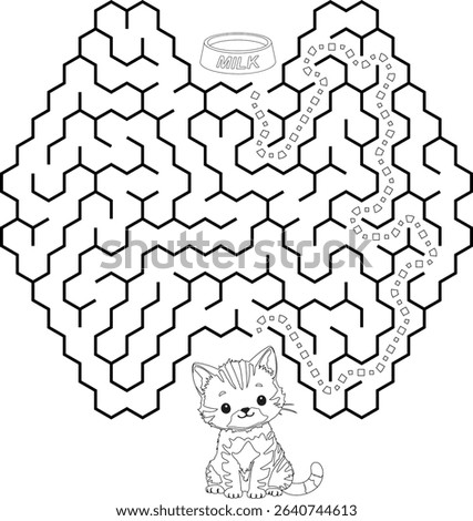 Help cat pass through maze to find a bowl with milk. Feed the hungry kitten labyrinth. Not hard logic game for kids and parents with solution isolated on white background.