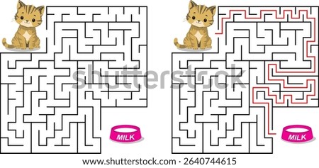 Help cat pass through maze to find a bowl with milk. Feed the hungry kitten labyrinth. Not hard logic game for kids and parents with solution isolated on white background.