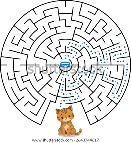 Help cat pass through maze to find a bowl with milk. Feed the hungry kitten labyrinth. Not hard logic game for kids and parents with solution isolated on white background.