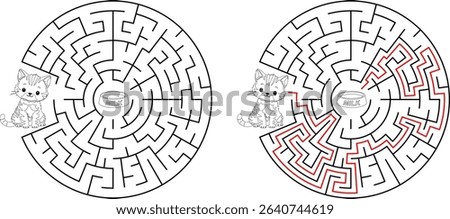 Help cat pass through maze to find a bowl with milk. Feed the hungry kitten labyrinth. Not hard logic game for kids and parents with solution isolated on white background.