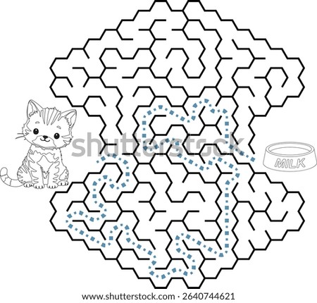 Help cat pass through maze to find a bowl with milk. Feed the hungry kitten labyrinth. Not hard logic game for kids and parents with solution isolated on white background.