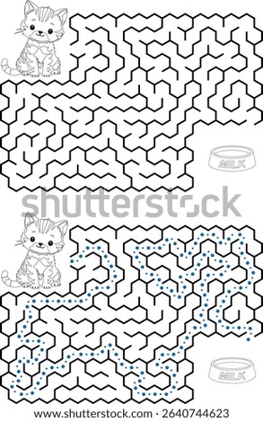 Help cat pass through maze to find a bowl with milk. Feed the hungry kitten labyrinth. Not hard logic game for kids and parents with solution isolated on white background.