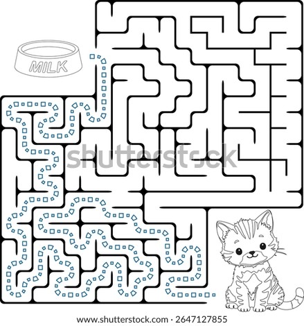 Help cat pass through maze to find a bowl with milk. Feed the hungry kitten labyrinth. Not hard logic game for kids and parents with solution isolated on white background.