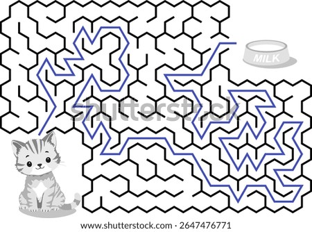 Help cat pass through maze to find a bowl with milk. Feed the hungry kitten labyrinth. Not hard logic game for kids and parents with solution isolated on white background.