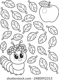 Help the caterpillar get to the apple. Coloring page outline of the cartoon labyrinth. Colorful vector illustration of educational maze game for preschool children, summer coloring book for kids. 