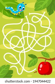 Help the caterpillar hit the apple. Maze game for children. Vector illustration.