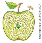 Help the caterpillar through the maze inside the apple. Children logic game to pass the maze. Educational game for kids. Attention task. Choose right path. Funny cartoon character. Isolated on white