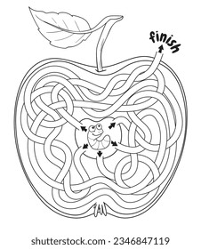 Help the caterpillar through the maze inside the apple. Children logic game. Educational game for kids. Attention task. Choose right path. Funny cartoon character. Coloring book