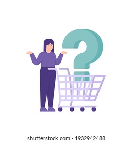 a help center concept, Frequently Asked Questions or FAQ, support or assistance for customers. illustration of a woman who is confused when she wants to shop. flat style. vector design