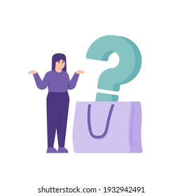 a help center concept, Frequently Asked Questions or FAQ, support or assistance for customers. illustration of a woman who is confused when she wants to shop. flat style. vector design