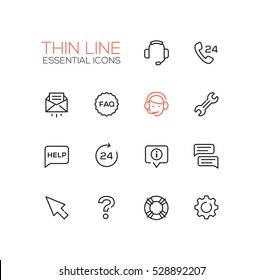 Help Center - Modern Vector Simple Thin Line Design Icons Set. Headset, Phone, Twenty Four-seven, Mail, Faq, Support, Wrench, Information, Chat, Pointer Arrow, Question Mark, Lifebuoy Cog
