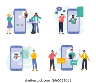 Escenas del centro de ayuda. Plataforma de asistencia, centro de Clientes en línea. Personas de conexión con la línea directa con el App de smartphones, chatbot espléndido juego de Vectores