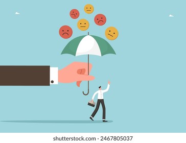 Help in changing thinking and attracting positive emotions, psychological support for finding sources of motivation and inspiration, large hand with an umbrella protects a man from negative emotions.