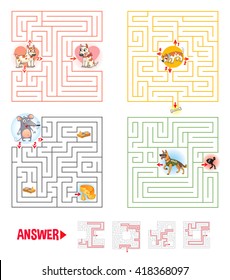 Help the character to find a way out of the maze. Set logical games. Maze Game with Solution. Tangled lines. Funny cartoon character. Vector illustration. Isolated on white background