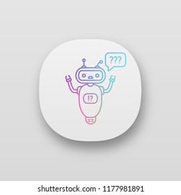 Help chatbot app icon. UI/UX user interface. FAQ chat bot. Bewildered robot with question marks in speech bubble. Web or mobile application. Vector isolated illustration