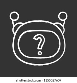 Help chatbot chalk icon. FAQ chat bot. Virtual assistant. Robot face with question mark. Artificial conversational entity. Artificial intelligence. Isolated vector chalkboard illustration