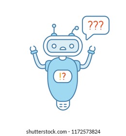 Help chatbot color icon. FAQ chat bot. Bewildered robot with question marks in speech bubble. Isolated vector illustration