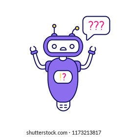 Help chatbot color icon. FAQ chat bot. Bewildered robot with question marks in speech bubble. Isolated vector illustration