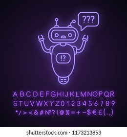 Help chatbot neon light icon. FAQ chat bot. Bewildered robot with question marks in speech bubble. Glowing sign with alphabet, numbers and symbols. Vector isolated illustration