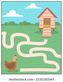 Help the chicken find the chicken coop, maze activity for kindergarten, labyrinth template for kids with animal theme, chicken maze printable 