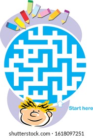 Help the child find his colored pencils that await him on the other side of the maze. Vector illustration in cartoon style, available in EPS 10.