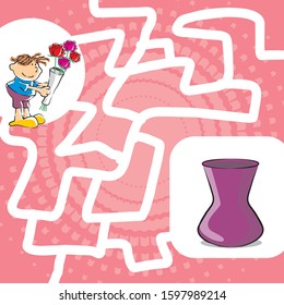 Help the child find the vase for their flowers. Didactic maze for preschoolers, to learn by playing. Vector illustration in cartoon style available in EPS 10.