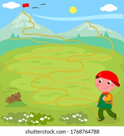 Hilf dem Kind, den Weg zum Gipfel des Berges zu finden. Cartoon-Vektorgrafik-Labyrinth