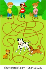Help the children find their dogs. Funny maze game. Cartoon vector illustration. Education game for children.