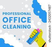 Help with chores and keeping workspace clean and tidy. Professional office cleaning service from specialists. Using spray detergents. Promotional banner or advertisement. Vector in flat style