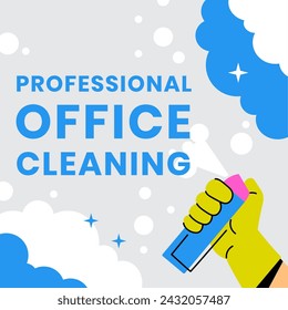 Help with chores and keeping workspace clean and tidy. Professional office cleaning service from specialists. Using spray detergents. Promotional banner or advertisement. Vector in flat style