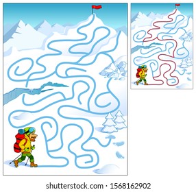 Help the climber reach the top of the mountain.  Maze game. Cartoon vector illustration. Education game for children.