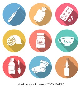 Help for colds set. Set of modern flat round icons with long shadows.