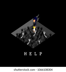 Help concept,Vector,Businessman tries to pull a woman out of a hole with many hands of people.