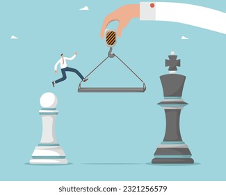 Help and cooperation to achieve goals, find winning strategy or the right way to develop and prosper business, defeat a competitor with hard work, man from a pawn jumps on king figure with crane arm.