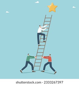 Help and cooperation to achieve goals and success, teamwork for highest result in work, brainstorming to create business ideas or strategies, men hold a ladder while their friend climbs up to star. svg