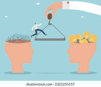 Help and cooperation in search of ideas for success, ways and methods of solving complex work problems, innovative and creative solutions, man jumps from a head with confused thoughts to a smart head.