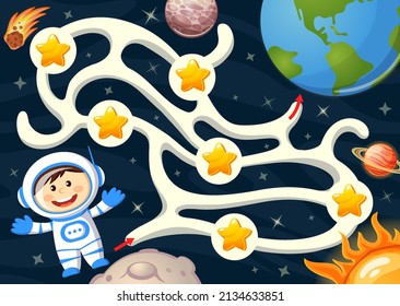 Help cosmonaut find path to Earth and collect all stars. Labyrinth. Maze game for kids