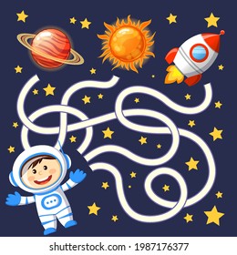 Help cosmonaut find path to rocket. Labyrinth. Maze game for kids