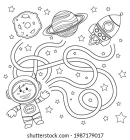 Help cosmonaut find path to rocket. Labyrinth. Maze game for kids. Black and white vector illustration for coloring book