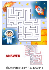 Help cosmonaut find path to rocket. Labyrinth. Maze game for kids