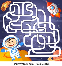 Help cosmonaut find path to rocket. Labyrinth. Maze game for kids