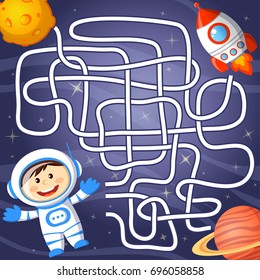 Help cosmonaut find path to rocket. Labyrinth. Maze game for kids