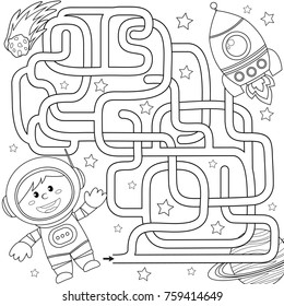 Ayuda al cosmonauta a encontrar el camino al cohete. Laberinto. Juego de mazmorras para los niños. Ilustración vectorial en blanco y negro para el libro de colores