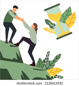 help couples reach the top, climbing couple concept, limited time to climb, hourglass, high hill, spirit of conquering challenges, positive spirit, flat design for website and banner